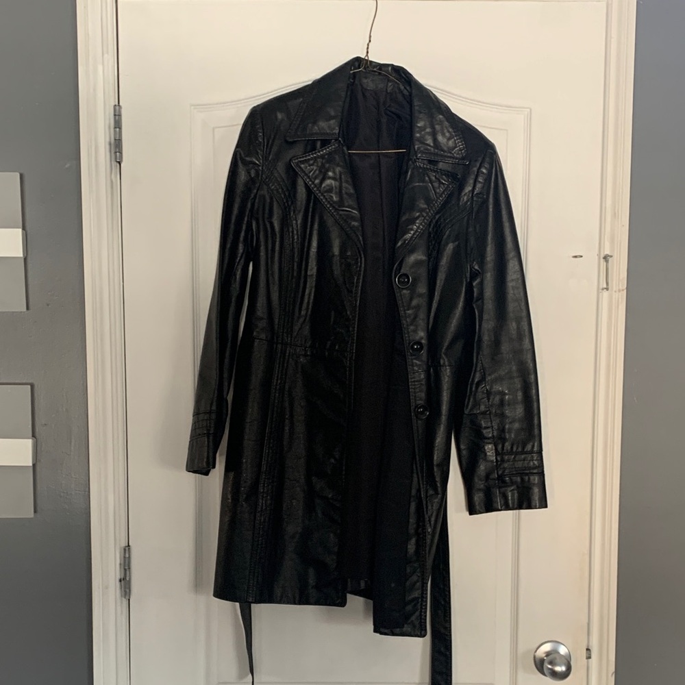 Elegant Black Leather Trench Coat